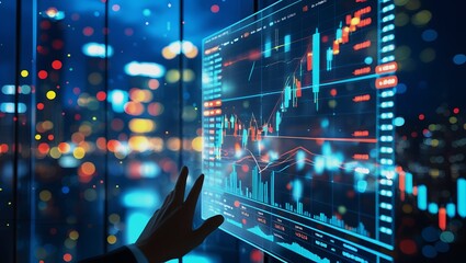 Futuristic Stock Trading Interface with Holographic UI and City Lights.