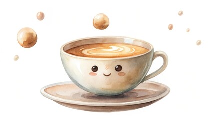 A watercolor illustration of a coffee cup emoji suspended in mid-air on a white background