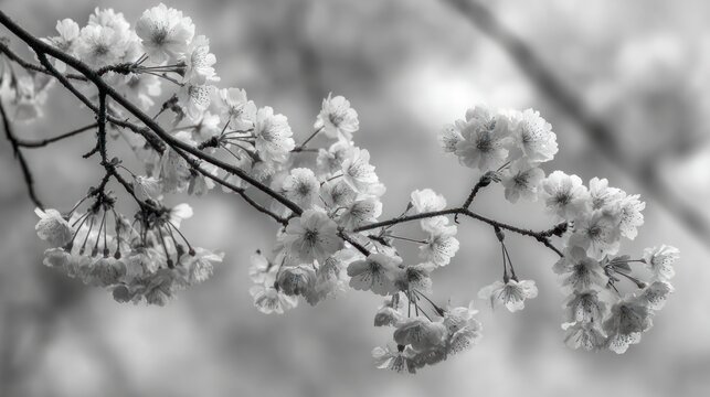 Black and white cherry blossom branch, softly blooming in a blurred, natural landscape - Powered by Adobe