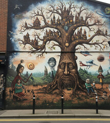 Magic Tree Mural with Face and Castle in the Branches
Surrounding it are unique female characters with orbs of light, tiny people in whimsical costumes, flying birds, and other fantasy creatures.