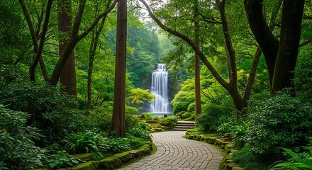 A winding stone path leading to a waterfall through a lush green forest scenery
