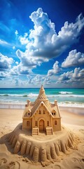 Intricate details of a sand sculpture of a house on a sandy beach with clear blue sky and white fluffy clouds