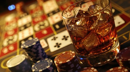 Close-Up of Whiskey Glass with Ice on Casino Table Surrounded by Poker Chips and Roulette Wheel in Background for Gambling Theme