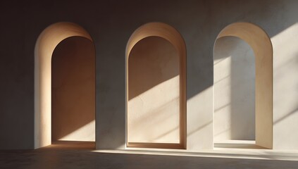 Minimalist interior with arched windows and warm sunlight