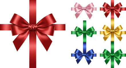 Assortment of Colorful Silk Ribbon Bows and Gift Wrapping Designs.
