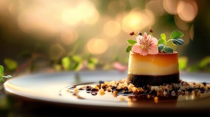 Gourmet dish beautifully plated, set against a softly blurred background 