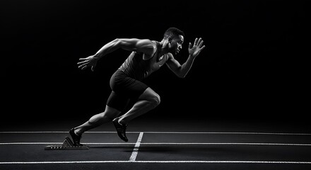 Dynamic black and white image of a male athlete exploding from the starting blocks on a running track with dramatic fx lighting.