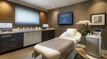 Modern and Serene Facial Treatment Room in a Luxury Spa with Elegant Design, Well-Equipped for Skincare and Relaxation