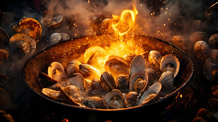 Cooking clams over fire in wok