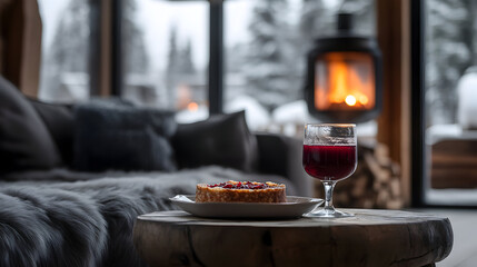 Cozy winter interior with dessert and drink by fireplace