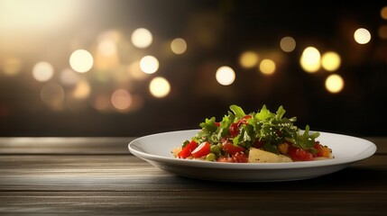 Gourmet dish beautifully plated, set against a softly blurred background 