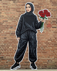 Comic-style mural of a girl holding a rose
The girl is dressed in all black and wearing a hijab, holding a bouquet of red roses.
Key impression: simple yet powerful, emphasizing a modern character.