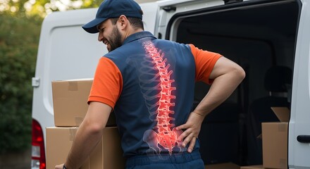Delivery Man with Back Pain from Lifting: Illuminated Spine X-ray Highlights Injury while Unloading Van