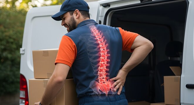 Delivery Man with Back Pain from Lifting: Illuminated Spine X-ray Highlights Injury while Unloading Van