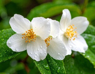 Obraz premium Delicate White Jasmine Flowers with Water Droplets on Green Leaves, close up