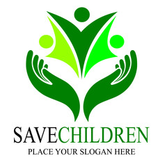 Fototapeta premium Save children or people vector logo template. This design with hand and human. 