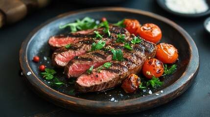 Grilled steak with garnishes on a rustic plate, space for marketing text, background softly blurred