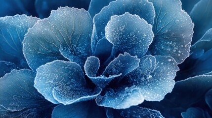 Frost-covered blue leaves with intricate details