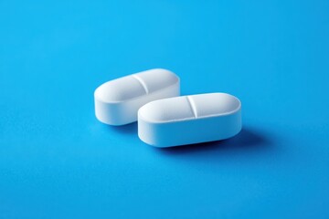 Two medication tablets on a bright blue colored background
