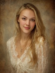 Naklejka premium Feminine Portrait With Digital Enhancements and Modern Background Featuring a Young Woman With Flowing Hair and a Soft Expression