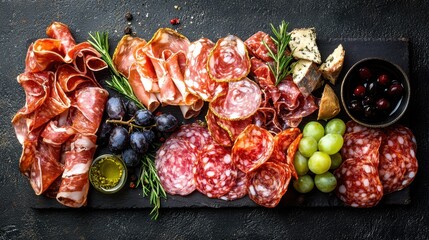 An Exquisite Charcuterie Board Featuring A Variety Of Cured Meats, Cheeses, Grapes, And Fresh Herbs Arranged Beautifully On A Slate Platter