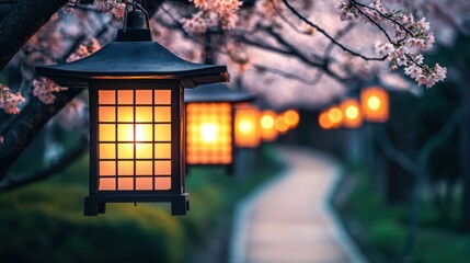 Tranquil Pathway Under Blossom Trees Illuminated by Lanterns at Dusk, Reflecting Peaceful Nature and Cultural Beauty in Serenity