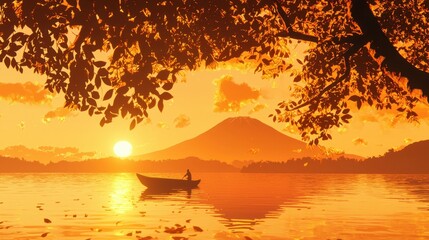 Serene Sunset Over Tranquil Lake with Silhouette of a Fisherman in Boat and Majestic Mountain in Background Surrounded by Lush Foliage