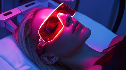 Young Woman Undergoing Modern Skincare Treatment with Illuminated Glasses in a Spa Setting with a Calm and Relaxing Ambiance