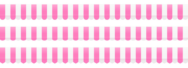 Striped shop tent repeated design set. Store window awning pattern collection. Cafe or restaurant roof canopy pack. Pink and white stall market place cover. Repeating stripe sunshade design. Vector