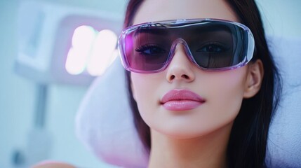 Close-up Portrait of a Young Woman in Protective Sunglasses Relaxing in a Modern Beauty Clinic with Soft Lighting and Calm Atmosphere