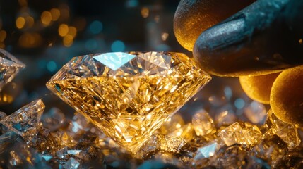 Close-up View of a Beautiful, Sparkling Gemstone with Reflections and Bokeh Effect in the Background Capturing Luxury and Elegance Perfect for Commercial Use
