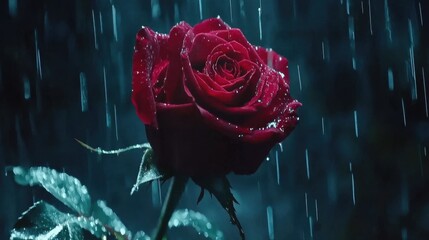 Single Red Rose Captivating Rain Drops in Dreamy Mood Illuminated by Soft Light