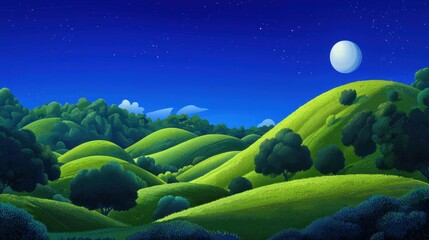 Serene Landscape with Rolling Green Hills Under Starry Night Sky and Bright Moon Illuminating Tranquil Meadow Scene