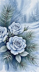 Elegance in Winter: A watercolor masterpiece of frozen roses and snowy pine branches