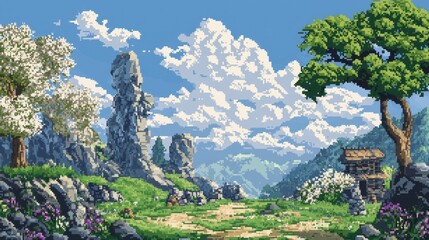 Serene Landscape with Majestic Mountains and Lush Greenery in a Pixel Art Style, Featuring Tall Rock Formations, Tree, and Textured Clouds