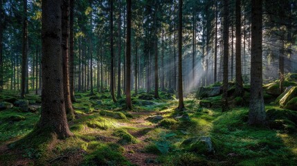 Fototapeta premium Sunlight streams through a dense forest, illuminating moss-covered ground