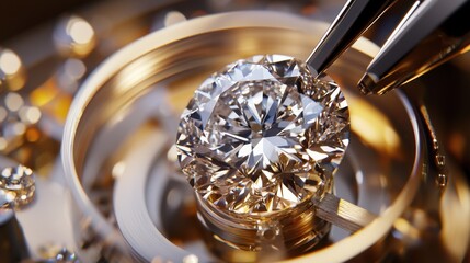 Close-Up View of a Brilliant Diamond Being Set in Jewelry Display with Gold and Silver Accents, Capturing the Elegance and Precision of Fine Craftsmanship