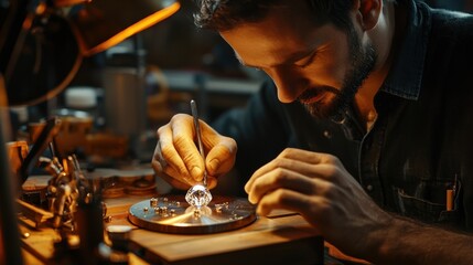 A Skilled Artisan Engaged in Precision Craftsmanship While Creating a Stunning Timepiece in a Cozy Workshop Environment Surrounded by Tools and Equipment