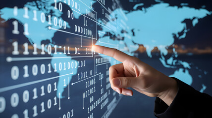 Explore global data with digital technology and binary code, empowering worldwide connectivity with insightful data analysis for modern business decisions