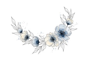 Elegant watercolor floral wreath with blue and cream flowers and delicate leaves arrangement