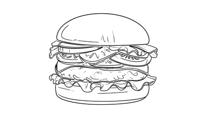 Detailed black and white line art illustration of a delicious hamburger