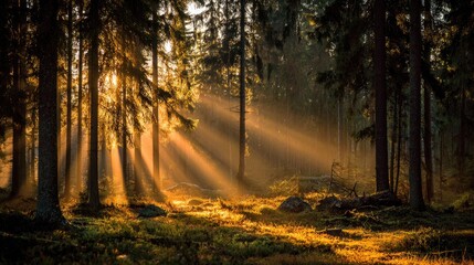 Obraz premium Golden sunlight streams through misty forest