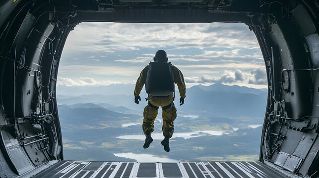 Skydiver in mid jump from aircraft cargo door