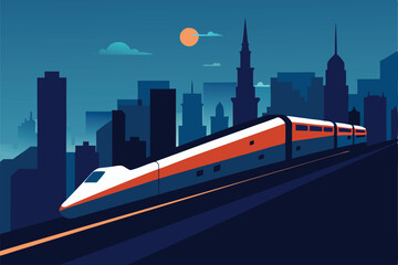 city train speeding through an urban skyline at ni.eps