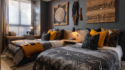 Stylish twin bedroom layout with matching beds, coordinated pillows, and wall decor