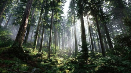 Obraz premium Sunbeams pierce a misty forest (1)