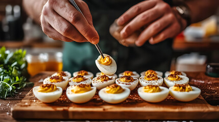 Deviled eggs preparation by chef