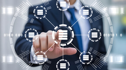 Professional touches virtual data network with advanced technology, driving innovation and digital transformation in modern business solutions and data management