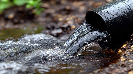 Dark liquid flowing from a black pipe into muddy ground.