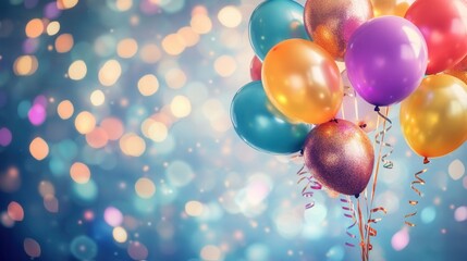 Happy birthday celebration with balloons and confetti on blurred background 